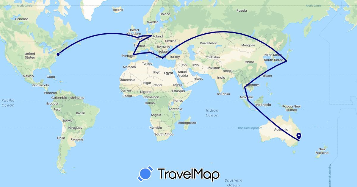 TravelMap itinerary: driving in Australia, Germany, Spain, France, United Kingdom, Greece, Italy, Japan, Netherlands, Singapore, Thailand, United States (Asia, Europe, North America, Oceania)